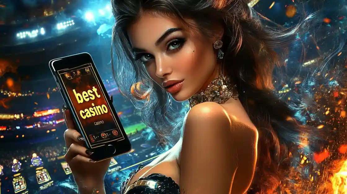 A woman holding a phone showcasing a casino-style interface in an energetic setting.